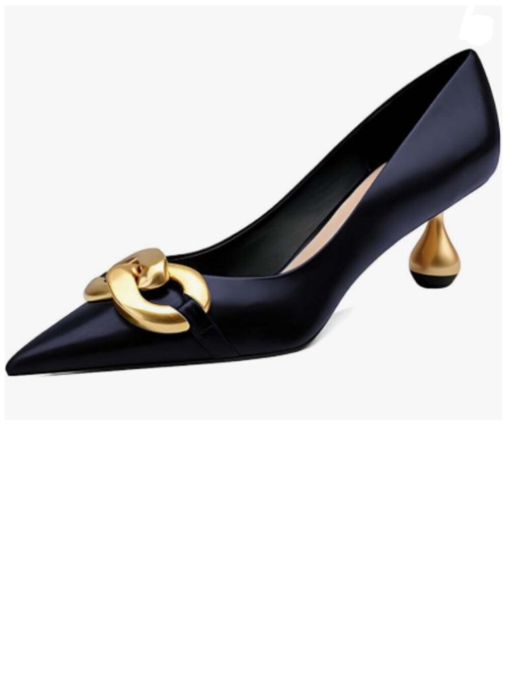 XYD Navy Low Heel Pointed Toe Pumps with Metal Chain Solid Golden Heeled Shoes
